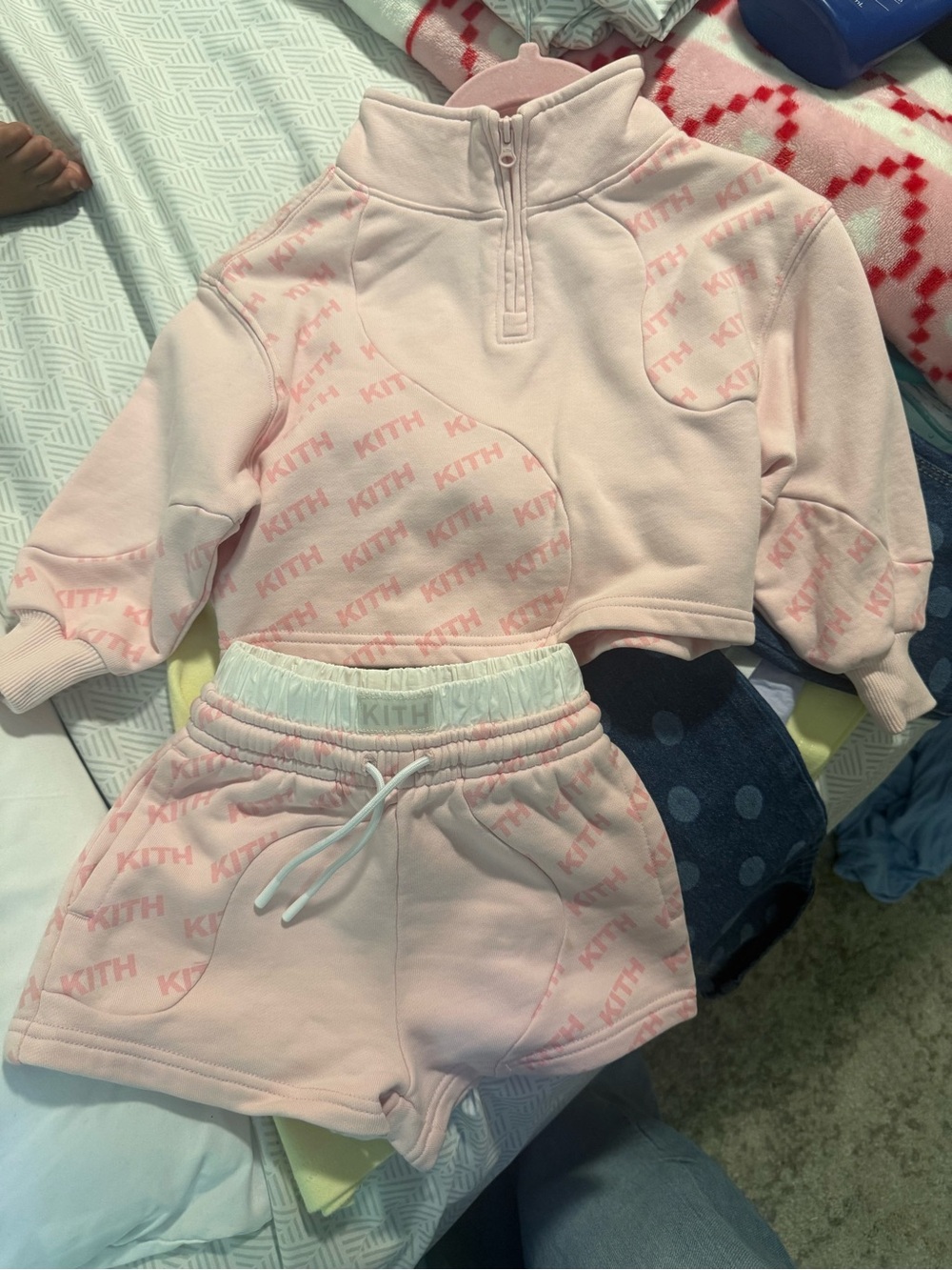 Kith Kids Light Pink Logo Quarter-Zip Sweatshirt & Shorts Set